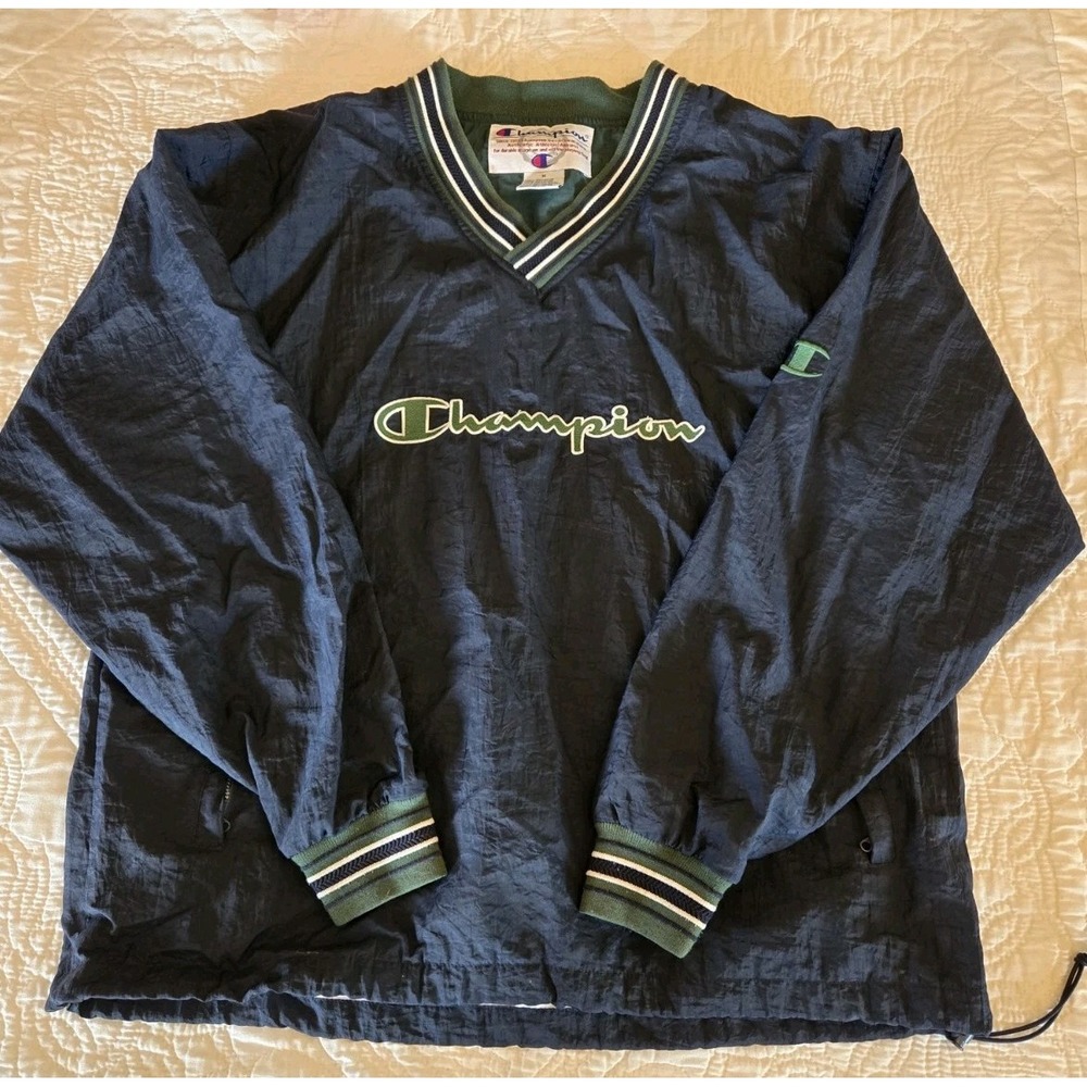 Vintage 90s Champion Windbreaker Pullover Mens M Navy Green Logo Lined V Neck